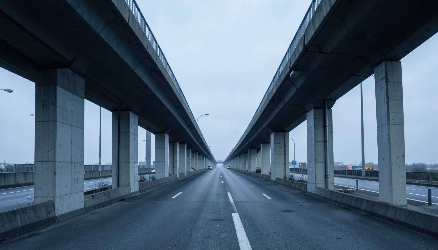 A clean architectural photograph of a modern highway overpass with strong symmetry, concrete piers receding into the distance under an overcast sky, cool gray and muted blue tones